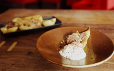 Alcoholic Kombucha Poached Pears with Chocolate Soil