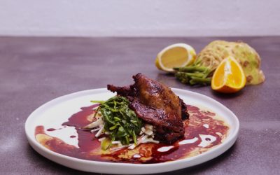 Duck Confit with Celeriac, Spinach and Red Wine Glaze