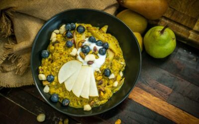 Tumeric Latte Porridge with Poached Pears
