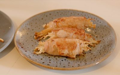 Japanese Wasabi Pork Skewers and Enoki Maki